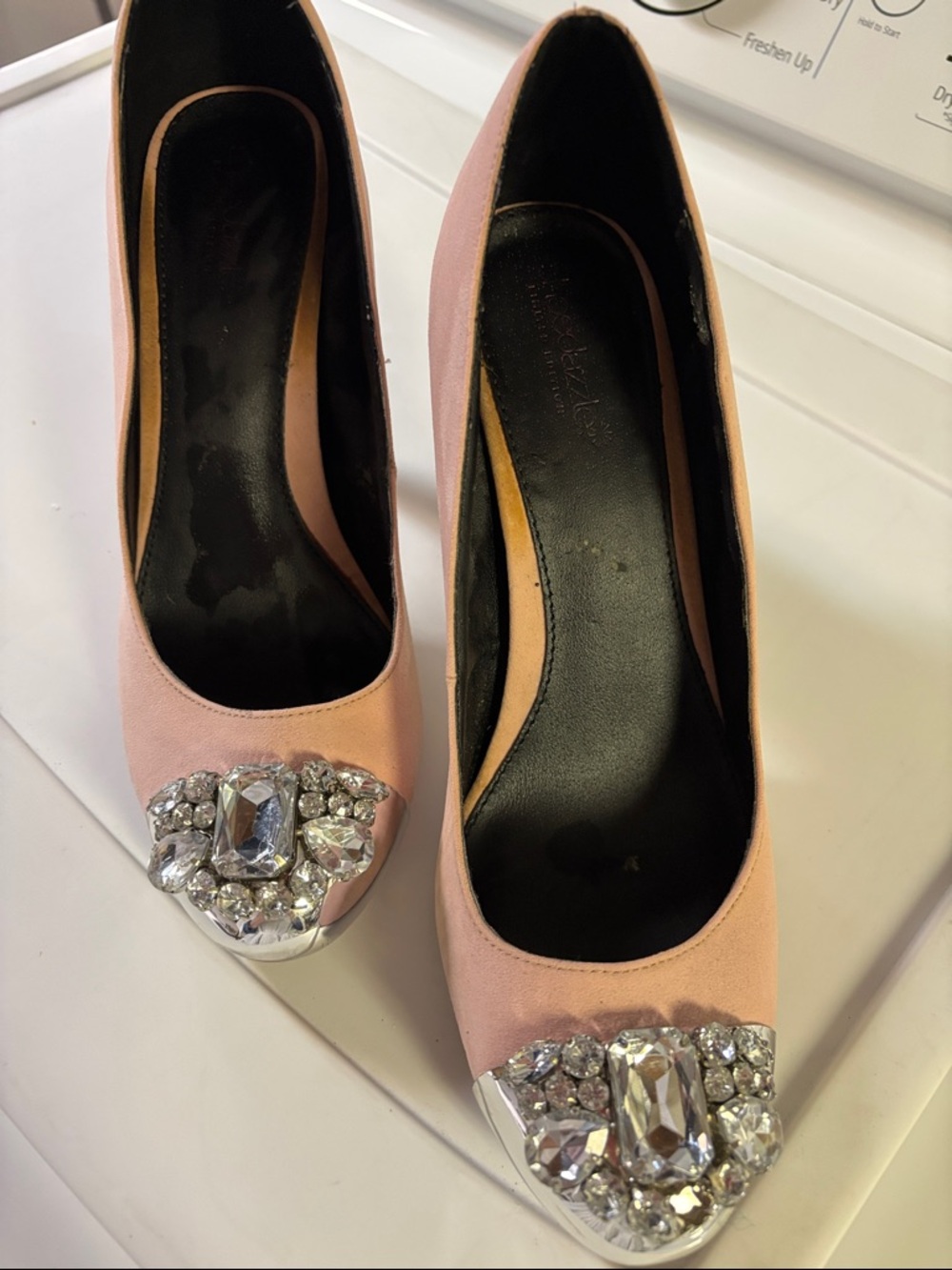 Shoe Dazzle Pink Jeweled Toe Satin Pumps